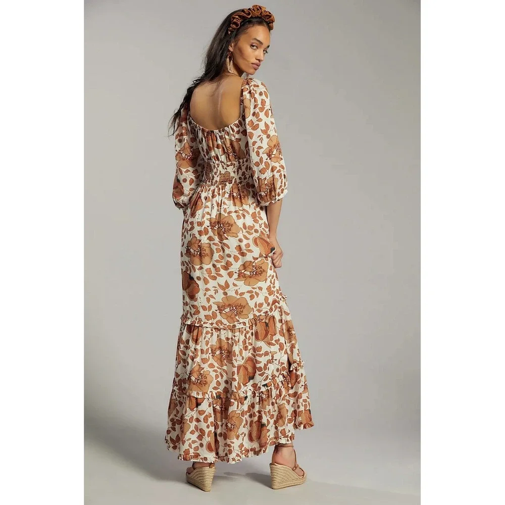 Anthropologie Tiered Floral Maxi Dress Size S Fits Like M Brown And White - Picture 2 of 9